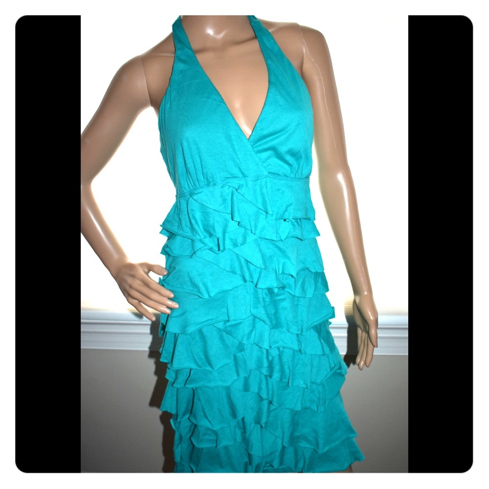-Express blue/green sleeveless ruffle dress
